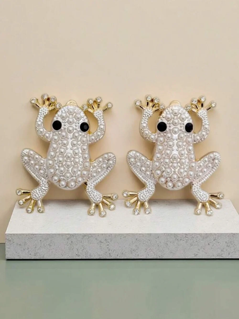 Faux Pearl, Gold Frog‎ Dangle Earrings
